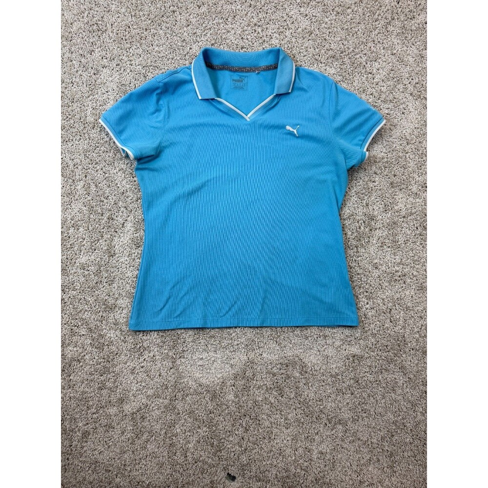 PUMA Women's Blue Short Sleeve V-Neck Polo Shirt White Trim Athletic Golf Large